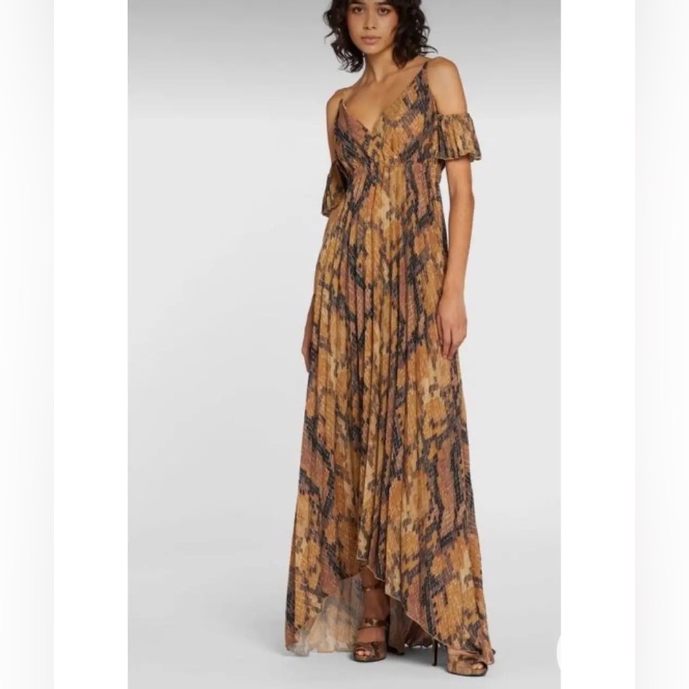 Just Cavalli Snake Print Pleated Maxi Dress Cold Shoulder IT 40 US 4 Boho Brown